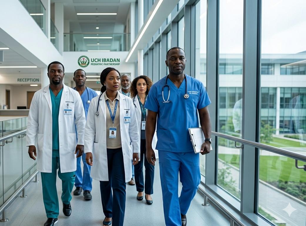 Pediatric care team in a hospital corridor